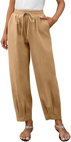 Women Cotton Linen Harem Pants Summer Casual Lounge Palazzo Pants Wide Leg Beach Travel Trousers with Pockets in Saudi Arabia