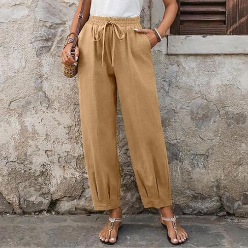 Women Cotton Linen Harem Pants Summer Casual Lounge Palazzo Pants Wide Leg Beach Travel Trousers with Pockets in Saudi Arabia