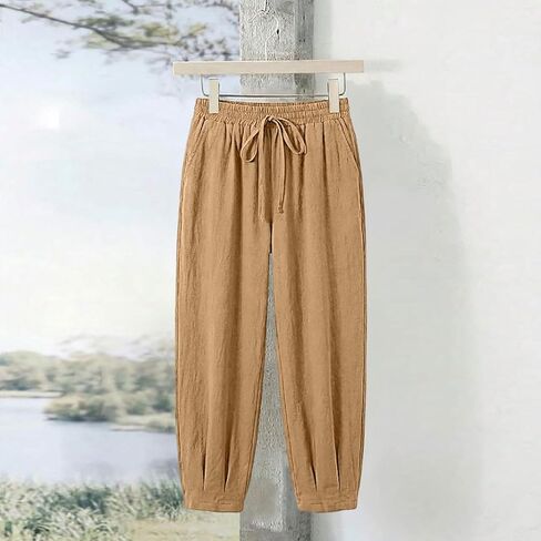 Women Cotton Linen Harem Pants Summer Casual Lounge Palazzo Pants Wide Leg Beach Travel Trousers with Pockets in Saudi Arabia