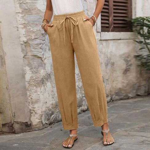Women Cotton Linen Harem Pants Summer Casual Lounge Palazzo Pants Wide Leg Beach Travel Trousers with Pockets in Saudi Arabia