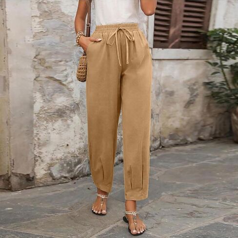 Women Cotton Linen Harem Pants Summer Casual Lounge Palazzo Pants Wide Leg Beach Travel Trousers with Pockets in Saudi Arabia