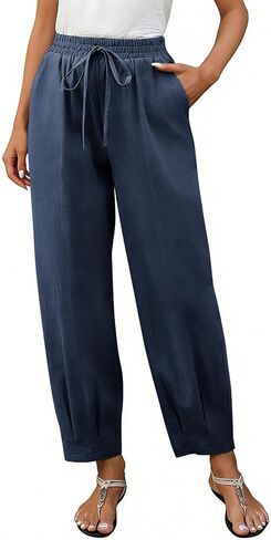 Women Cotton Linen Harem Pants Summer Casual Lounge Palazzo Pants Wide Leg Beach Travel Trousers with Pockets in Saudi Arabia