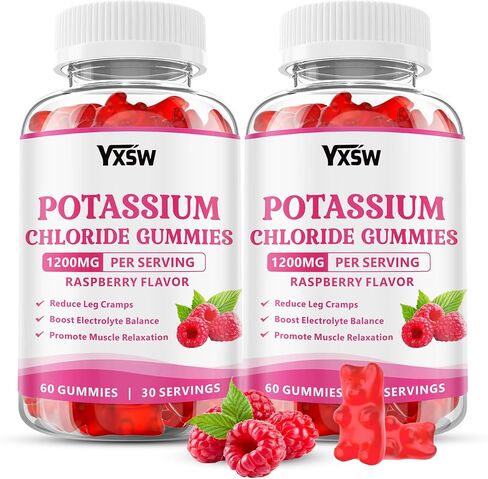 Potassium Gummies for Adults, Potassium Chloride 1200mg, Potassium Supplement for Women & Men, Supports Electrolyte Balance & Muscle Health, Sugar-Free, Raspberry Flavor, 60 Count in Saudi Arabia