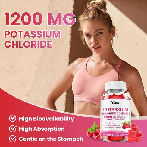 Potassium Gummies for Adults, Potassium Chloride 1200mg, Potassium Supplement for Women & Men, Supports Electrolyte Balance & Muscle Health, Sugar-Free, Raspberry Flavor, 60 Count in Saudi Arabia