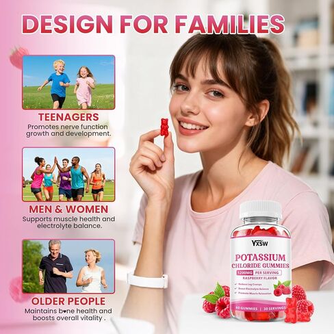 Potassium Gummies for Adults, Potassium Chloride 1200mg, Potassium Supplement for Women & Men, Supports Electrolyte Balance & Muscle Health, Sugar-Free, Raspberry Flavor, 60 Count in Saudi Arabia