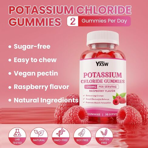 Potassium Gummies for Adults, Potassium Chloride 1200mg, Potassium Supplement for Women & Men, Supports Electrolyte Balance & Muscle Health, Sugar-Free, Raspberry Flavor, 60 Count in Saudi Arabia