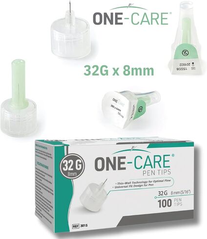 ONE-CARE Pen Tips 32G x 8 mm (5/16") – Ultra-Fine Comfort Design, Thin-Wall Flow Technology, Universal Twist-On Fit, Individually Sealed, 100 Count in Kuwait