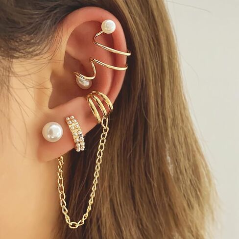 Pearl Earrings for Women Pearl Cuff Earrings Cartilage Earrings Ear Cuff Non Piercing Chain Earrings Pearl Jewelry Gifts for Women in Kuwait