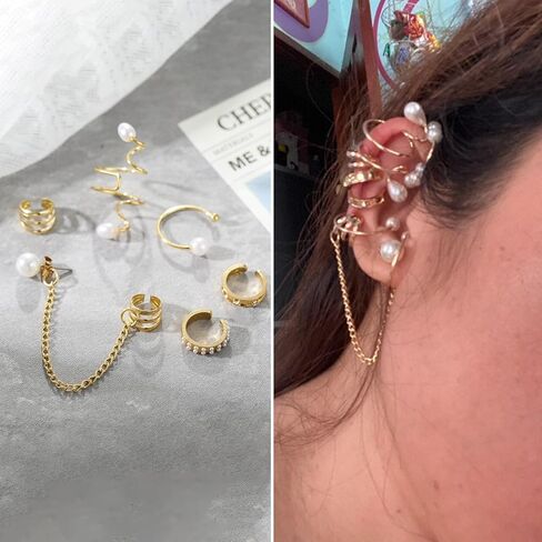 Pearl Earrings for Women Pearl Cuff Earrings Cartilage Earrings Ear Cuff Non Piercing Chain Earrings Pearl Jewelry Gifts for Women in Kuwait