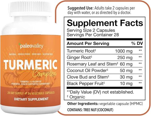 Paleovalley - Organic Turmeric Complex - Full Spectrum Organic Turmeric with Health-Supportive Superfoods - 56 Vegetarian Capsules - Support Joints, Immunity, Brain and Heart Health in Saudi Arabia