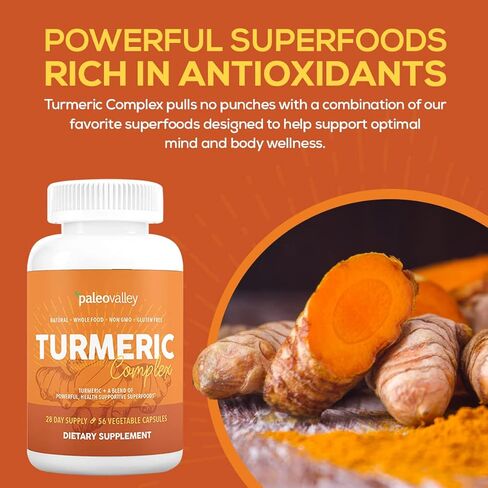 Paleovalley - Organic Turmeric Complex - Full Spectrum Organic Turmeric with Health-Supportive Superfoods - 56 Vegetarian Capsules - Support Joints, Immunity, Brain and Heart Health in Saudi Arabia