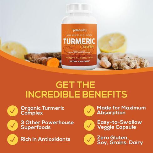 Paleovalley - Organic Turmeric Complex - Full Spectrum Organic Turmeric with Health-Supportive Superfoods - 56 Vegetarian Capsules - Support Joints, Immunity, Brain and Heart Health in Saudi Arabia