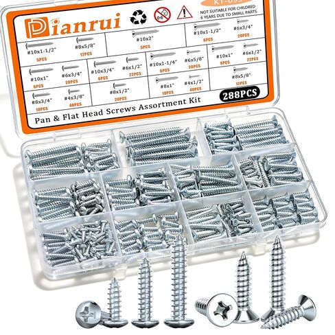 Dianrui 288 PCS Wood Screws Assortment Kit, Assorted Sheet Metal Screws #4/#6/#8/#10, ‌Phillips Drive Pan & Flat Head Screw Set Marine Grade Length 3/8" to 2" in Kuwait