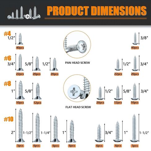 Dianrui 288 PCS Wood Screws Assortment Kit, Assorted Sheet Metal Screws #4/#6/#8/#10, ‌Phillips Drive Pan & Flat Head Screw Set Marine Grade Length 3/8" to 2" in Kuwait