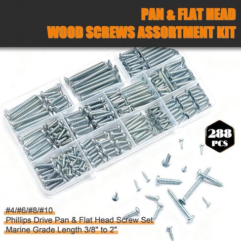 Dianrui 288 PCS Wood Screws Assortment Kit, Assorted Sheet Metal Screws #4/#6/#8/#10, ‌Phillips Drive Pan & Flat Head Screw Set Marine Grade Length 3/8" to 2" in Kuwait