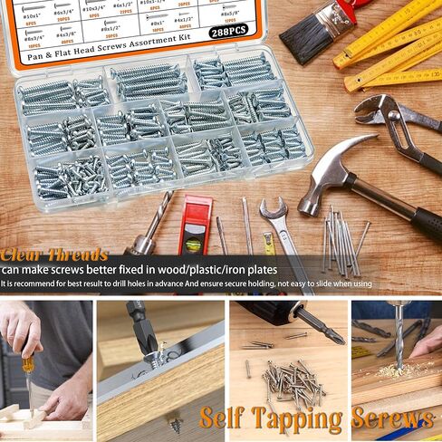 Dianrui 288 PCS Wood Screws Assortment Kit, Assorted Sheet Metal Screws #4/#6/#8/#10, ‌Phillips Drive Pan & Flat Head Screw Set Marine Grade Length 3/8" to 2" in Kuwait