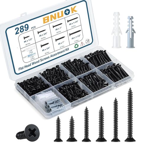 Wood Screws Assortment Kit, 289PCS High Hardness Flat Head Wood Screws Set, Assorted Screws,Phillips Drive,Black Dacromet Coated, 7 Sizes (1-1/2",1-1/4",1",3/4",1/2") in Kuwait