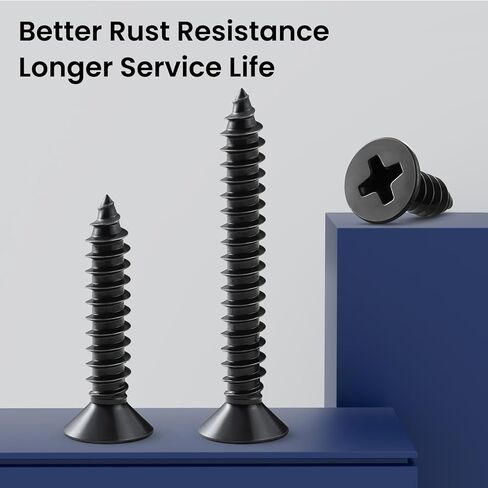 Wood Screws Assortment Kit, 289PCS High Hardness Flat Head Wood Screws Set, Assorted Screws,Phillips Drive,Black Dacromet Coated, 7 Sizes (1-1/2",1-1/4",1",3/4",1/2") in Kuwait