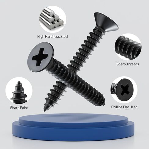 Wood Screws Assortment Kit, 289PCS High Hardness Flat Head Wood Screws Set, Assorted Screws,Phillips Drive,Black Dacromet Coated, 7 Sizes (1-1/2",1-1/4",1",3/4",1/2") in Kuwait