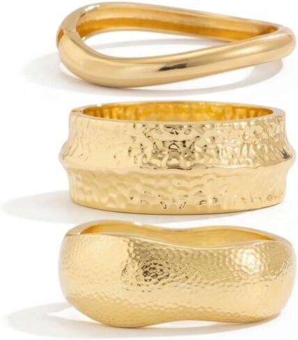 Chunky Gold Bangle Bracelets for Women 14K Gold Plated Minimalist Modern Wide Arm Cuff Irregular Set of 3 Fits 6.5-7.5" Wrists in Kuwait