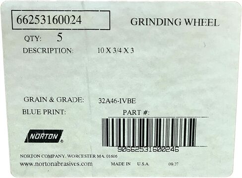 عجلة طحن مستقيمة مزججة من النوع T-1 بقطر 10 بوصة من Norton، أربور 3 بوصة، سمك 3/4 بوصة، صلابة I، 46 حبيبة، هيكل حبوب 32A in Kuwait