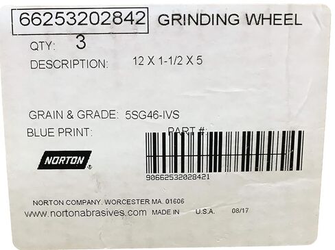 Norton 12 Inch Diameter Type T-1 Vitrified Straight Grinding Wheel, 5 Inch Arbor, 1-1/2 Inch Thick, I Hardness, 46 Grit, 5SG Grain Structure in Saudi Arabia