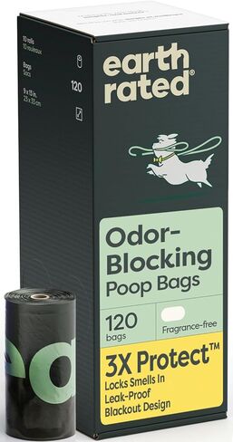 Earth Rated Odor-Blocking Dog Poop Bags with 3X Protect, Guaranteed to Block Smells & Leak-Proof Performance, Conceals Smell & Mess, Unscented, 108 Count in Kuwait