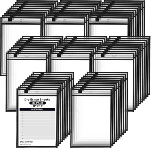 50 Pack Job Ticket Holders, Black 14 x 10 Inch Reusable Dry Erase Pocket with Strap Work Order Plastic Sleeves Shop Ticket Dry Erase Sheet Protectors for Teacher Classroom Office in Kuwait
