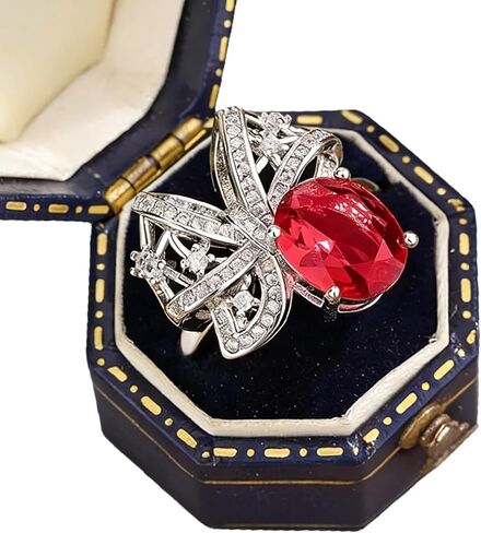925 Sterling Silver Shiny Full Diamond Ring 18K Gold Ruby Cocktail Rings Oval Cut 3Ct Red Gemstone Cubic Zirconia Rings CZ Diamond Halo Ring Eternity Engagement Wedding Ring for Women Z.53 (US Code 8) in Kuwait