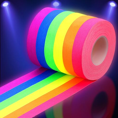 شريط قماش غافر نيون متوهج بـ 6 ألوان، 35 قدمًا × 0.6 بوصة، أشرطة مدببة خفيفة سوداء بالأشعة فوق البنفسجية، شريط نيون لا يترك بقايا للتوهج في لوازم الحفلات المظلمة، وحفلات الأشعة فوق البنفسجية، ووضع علامات على الأرضيات والحرف الفنية in Kuwait