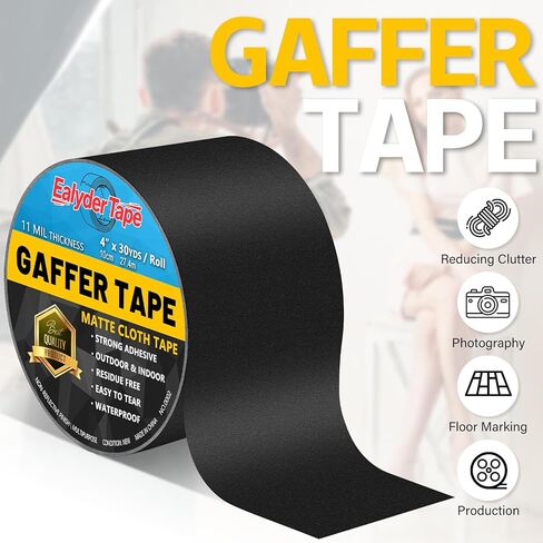 شريط أسود Gaffers مقاس 10.16 سم × 30 ياردة - عالي التحمل، مقاوم للماء، لا يترك بقايا، غير عاكس، شريط مسرح Gaffers سهل التمزق - متعدد الأغراض in Saudi Arabia