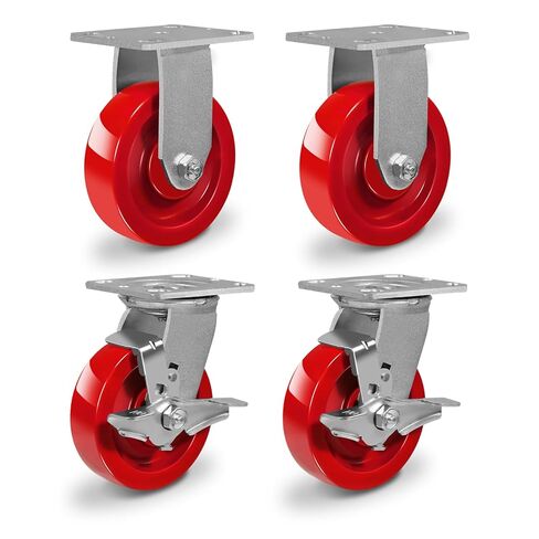 عجلات شديدة التحمل مقاس 5 × 1.5 بوصة، عجلة من البولي يوريثين الصلبة باللون الأحمر، محمل كروي دقيق، عجلات صناعية لمعالجة الأغذية والمستشفيات والمختبرات - سعة 2800 رطل (2 فرامل و2 صلبة) in Kuwait