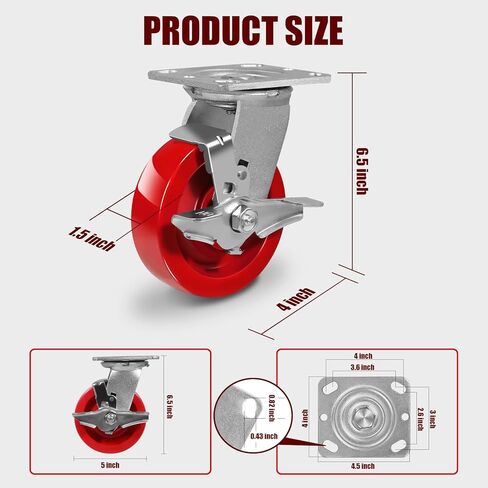 عجلات شديدة التحمل مقاس 5 × 1.5 بوصة، عجلة من البولي يوريثين الصلبة باللون الأحمر، محمل كروي دقيق، عجلات صناعية لمعالجة الأغذية والمستشفيات والمختبرات - سعة 2800 رطل (2 فرامل و2 صلبة) in Kuwait