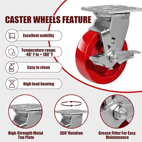 عجلات شديدة التحمل مقاس 5 × 1.5 بوصة، عجلة من البولي يوريثين الصلبة باللون الأحمر، محمل كروي دقيق، عجلات صناعية لمعالجة الأغذية والمستشفيات والمختبرات - سعة 2800 رطل (2 فرامل و2 صلبة) in Kuwait