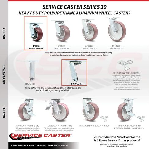 Stainless Steel Heavy Duty Swivel Top Plate Caster with 4 Inch Polyurethane on Aluminum Wheel and Ball Bearings - 700 lbs. Capacity/Caster - Service Caster Brand in Saudi Arabia
