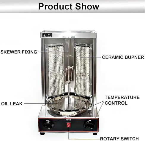 Doner Kebab Machine Electric Kebab Grill Vertical Broiler Gyro Meat Rotisserie with Burners Temperature Adjustment 50-350℃ for Commercial Home in Saudi Arabia