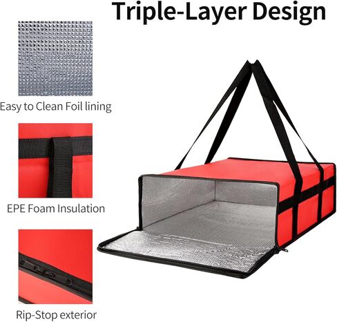 Bodaon Pizza Bags for Delivery 16" x 16" x 6" – Compact Pizza Bag Holds Up to 3 Boxes, Foldable Thermal Carrier Cooler for Delivery Drivers in Kuwait