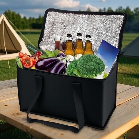 1PC Reusable Non-woven Fabric Handheld Insulated Bag Large Capacity Foldable Zipper Insulated Pizza Delivery Bag (Black,28 * 14 * 17cm) in Saudi Arabia
