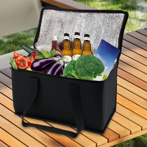 1PC Reusable Non-woven Fabric Handheld Insulated Bag Large Capacity Foldable Zipper Insulated Pizza Delivery Bag (Black,28 * 14 * 17cm) in Saudi Arabia