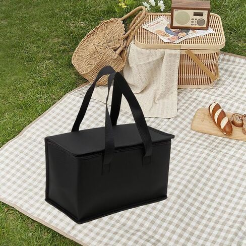 1PC Reusable Non-woven Fabric Handheld Insulated Bag Large Capacity Foldable Zipper Insulated Pizza Delivery Bag (Black,28 * 14 * 17cm) in Saudi Arabia