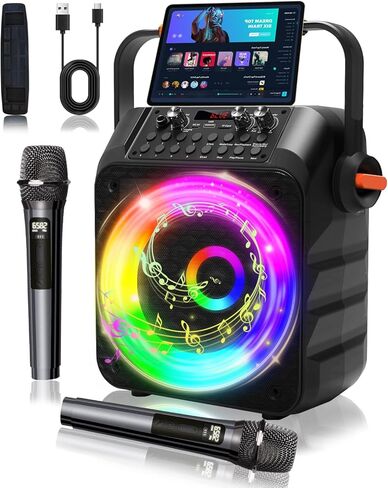 Karaoke Machine, Portable Karaoke System with 2 Wireless Rechargeable Microphones, 60W PA Speaker 6.5" Subwoofer, TWS, AUX, USB, TF, REC, TV, 7 Colourful Lights, for Home & Outdoor in Kuwait