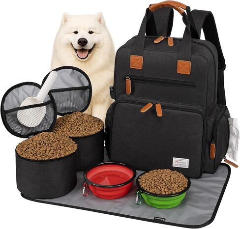 حقيبة سفر الكلب Modoker ، حقيبة ظهر معتمدة من طيران لمنظمات إكسسوارات الحيوانات الأليفة ، حقيبة عطلة نهاية الأسبوع مع حاويات تخزين طعام للكلاب ، 2 أوعية قابلة للانهيار ، حصيرة واحدة للحيوانات الأليفة ، الأسود in Kuwait