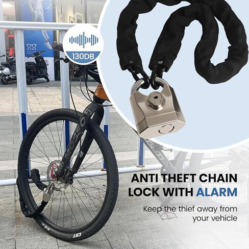 قفل سلسلة الدراجة مع إنذار 130 ديسيبل، أقفال دراجة نارية شديدة التحمل مضادة للسرقة 3.3أقدام، سلسلة فولاذية صلبة 8 مم مع قفل U صغير للدراجات والدراجات النارية والسكوتر والبوابة in Kuwait