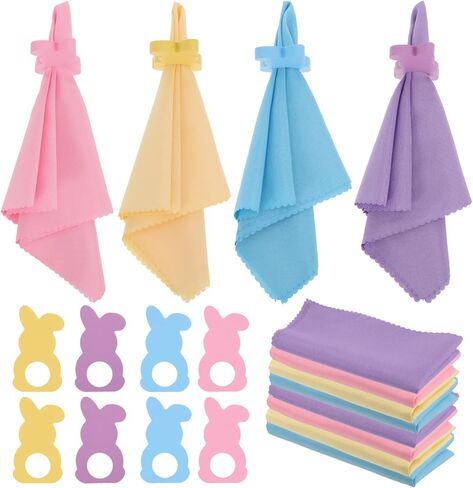16 Pcs Easter Napkin Rings and Easter Napkins Cloth -Wood Rabbit Bunny Napkin Rings Holders Set Pastel Cloth Napkins for Easter Spring Holiday Dinning Table Dinner Decoration in Kuwait