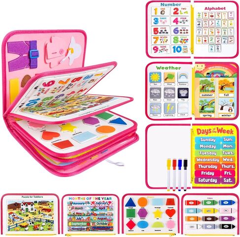 12-page Busy Board Montessori Toddler Toys for 1 2 3 4 Years Old, Busy Book for Toddlers 1-3 Boy Birthday Gift, 24 in 1 Activity Sensory Toys for Motor Skills, Travel Toys for Car Airplane (Blue) in Kuwait