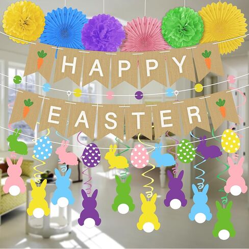 Easter Animal Decorations Hanging Swirls + Banner - Happy Spring Indoor Decor Birthday Gifts Bulk Party Supplies in Saudi Arabia