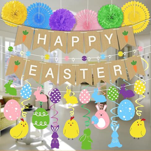 Easter Animal Decorations Hanging Swirls + Banner - Happy Spring Indoor Decor Birthday Gifts Bulk Party Supplies in Kuwait
