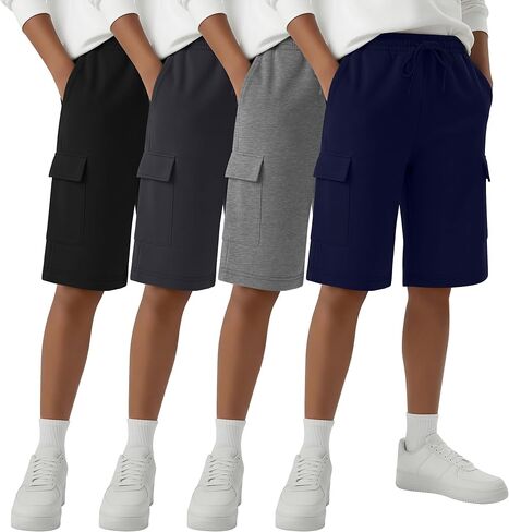 4 Pack Boys Cargo Shorts Kids Bermuda Casual Athletic Sweat Shorts with Pockets Elastic Waist Drawstring in Kuwait