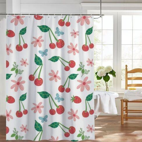 فراشة الأزهار الحافز خمر دش الستار مع السنانير، الصيف ستارة دش مقاومة للماء الحديثة، قابل للغسل النسيج عطلة الستائر الساحلية للحمام للحمام العربة ديكو 72x72 في in Kuwait