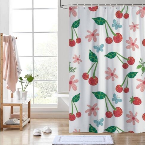 فراشة الأزهار الحافز خمر دش الستار مع السنانير، الصيف ستارة دش مقاومة للماء الحديثة، قابل للغسل النسيج عطلة الستائر الساحلية للحمام للحمام العربة ديكو 72x72 في in Kuwait